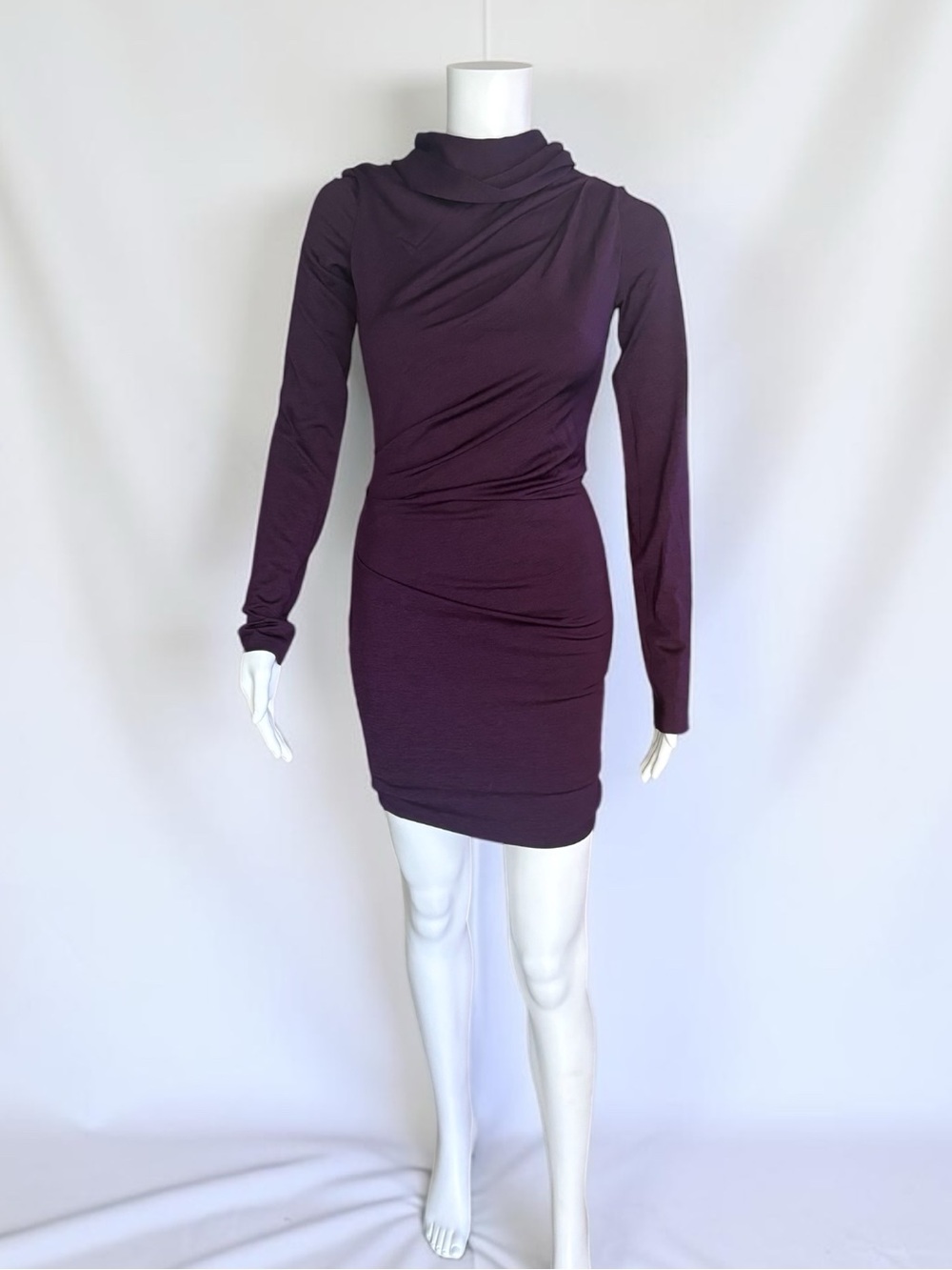 T by Alexander Wang Hooded Ruched Jersey Mini Dress Plum Purple S - Picture 2 of 8